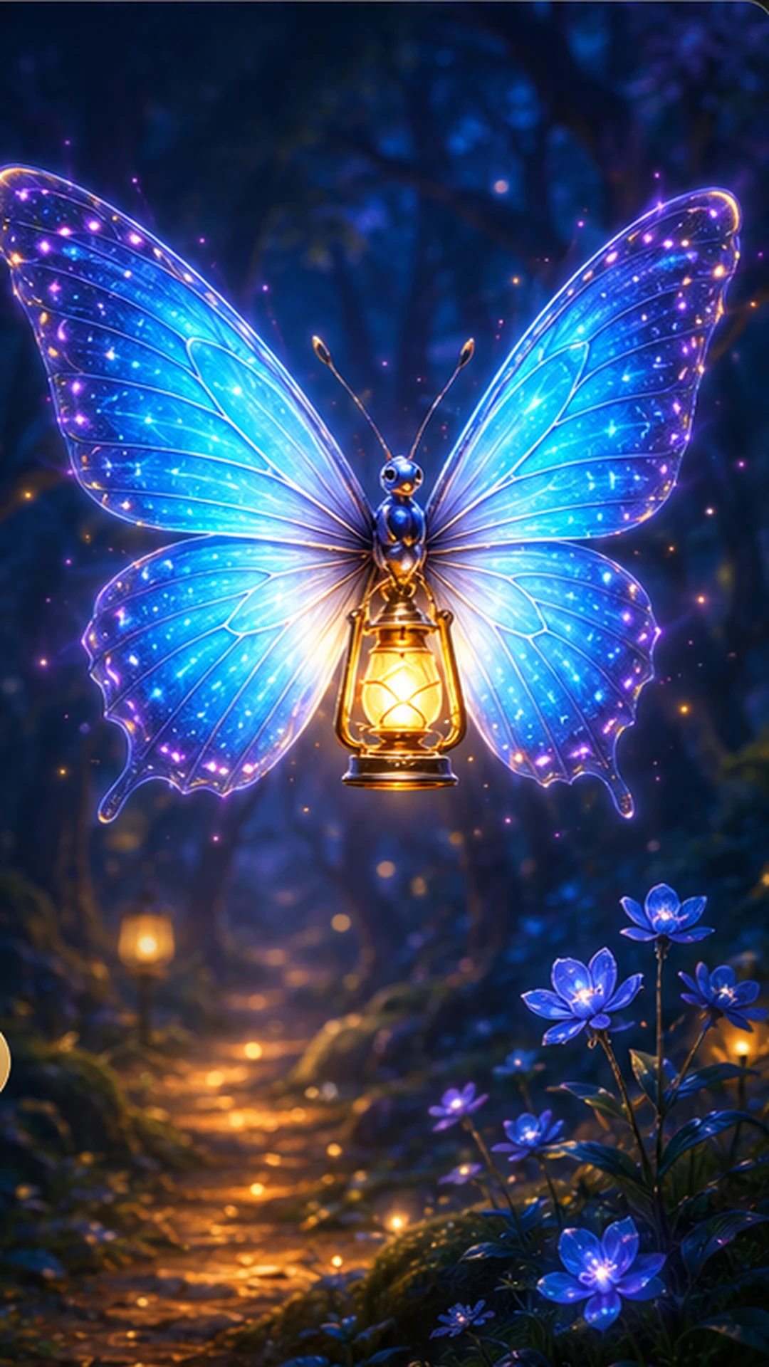 Navi, a luminous blue butterfly carrying a golden lantern through a moonlit forest